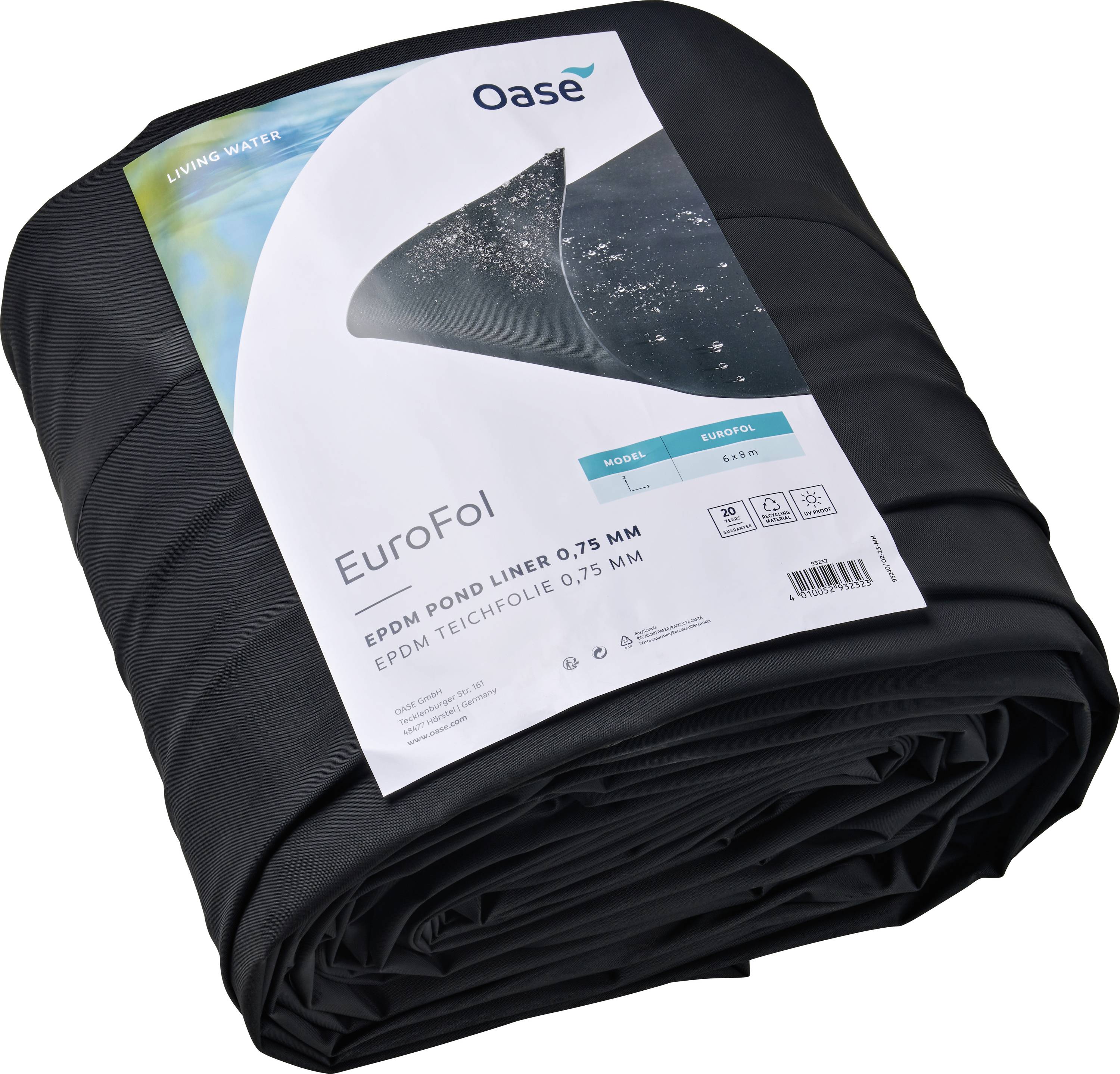 Eine gerollte schwarze EPDM-Teichfolie mit einem Etikett, das 'Oase EuroFol', 'EPDM Teichfolie 0,75 MM' zeigt und ein Bild der Folie im Einsatz darstellt.