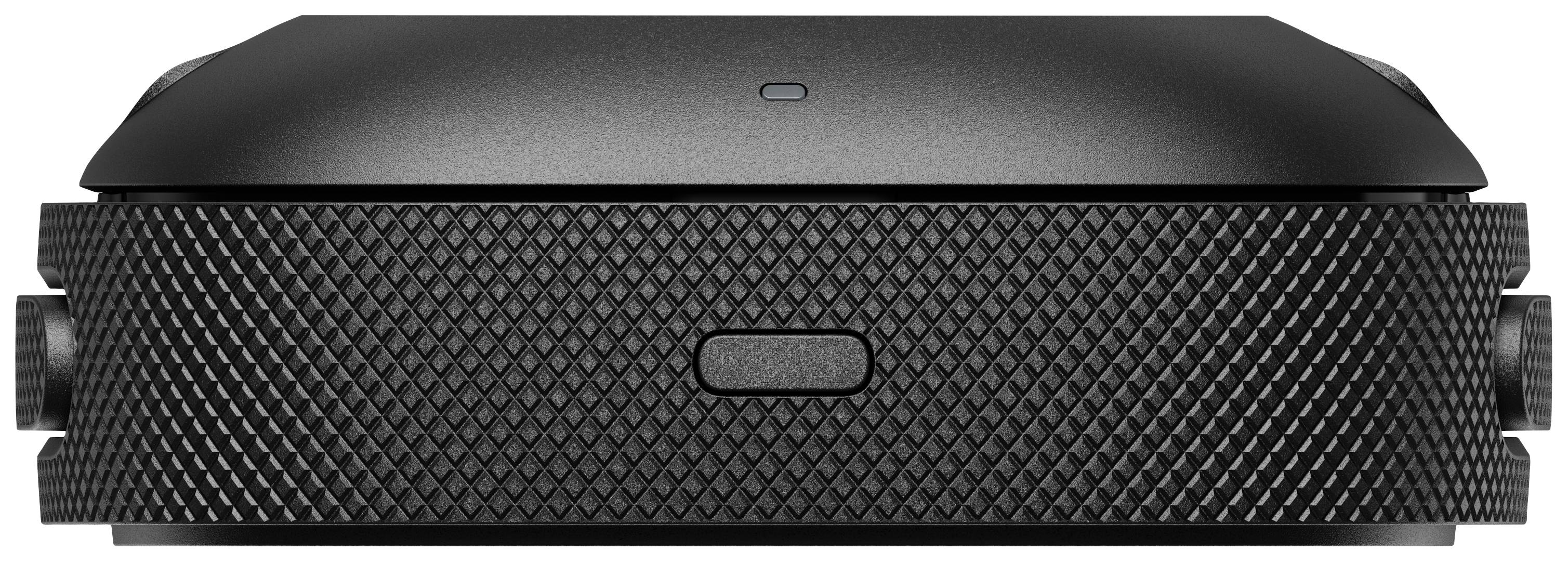 Ein schwarzgraues, rechteckiges Gerät mit geriffelter Struktur und einem zentralen Knopf an der Vorderseite.