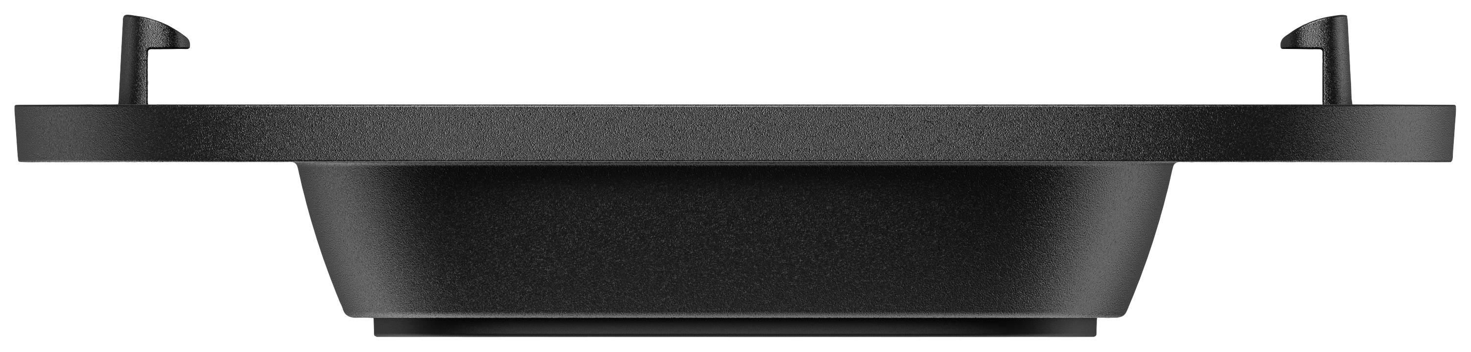 Ein schwarzes, rundes LED-Einbaudownlight von der Seite betrachtet, mit Befestigungshaken an den Seiten. Ideal für moderne Innenbeleuchtung.