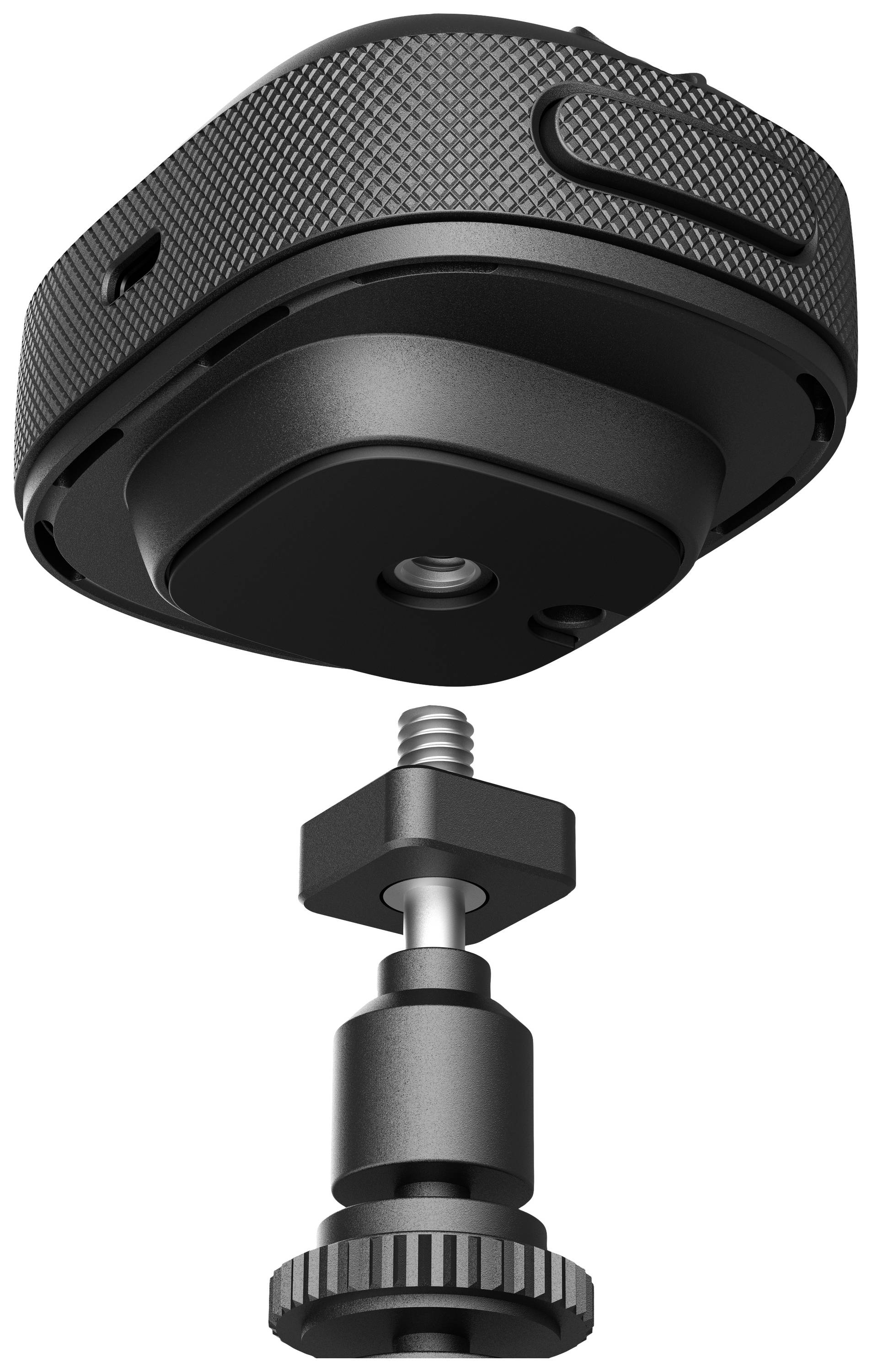 Kameraaufsatz mit Montageadapter, bestehend aus einem quadratischen Modul und einem Schraubmechanismus. Ideal für flexible Positionierung.