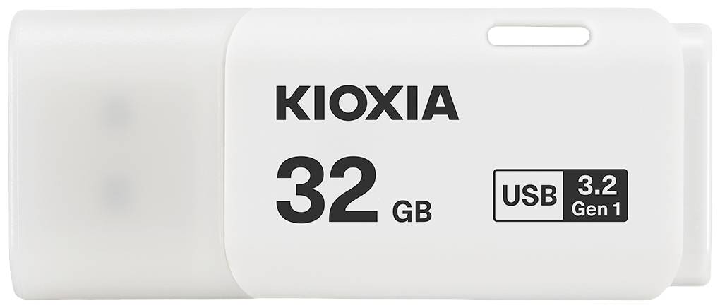 Ein weißer USB-Stick von KIOXIA mit einer Speicherkapazität von 32 GB und der Kennzeichnung 'USB 3.2 Gen 1'.