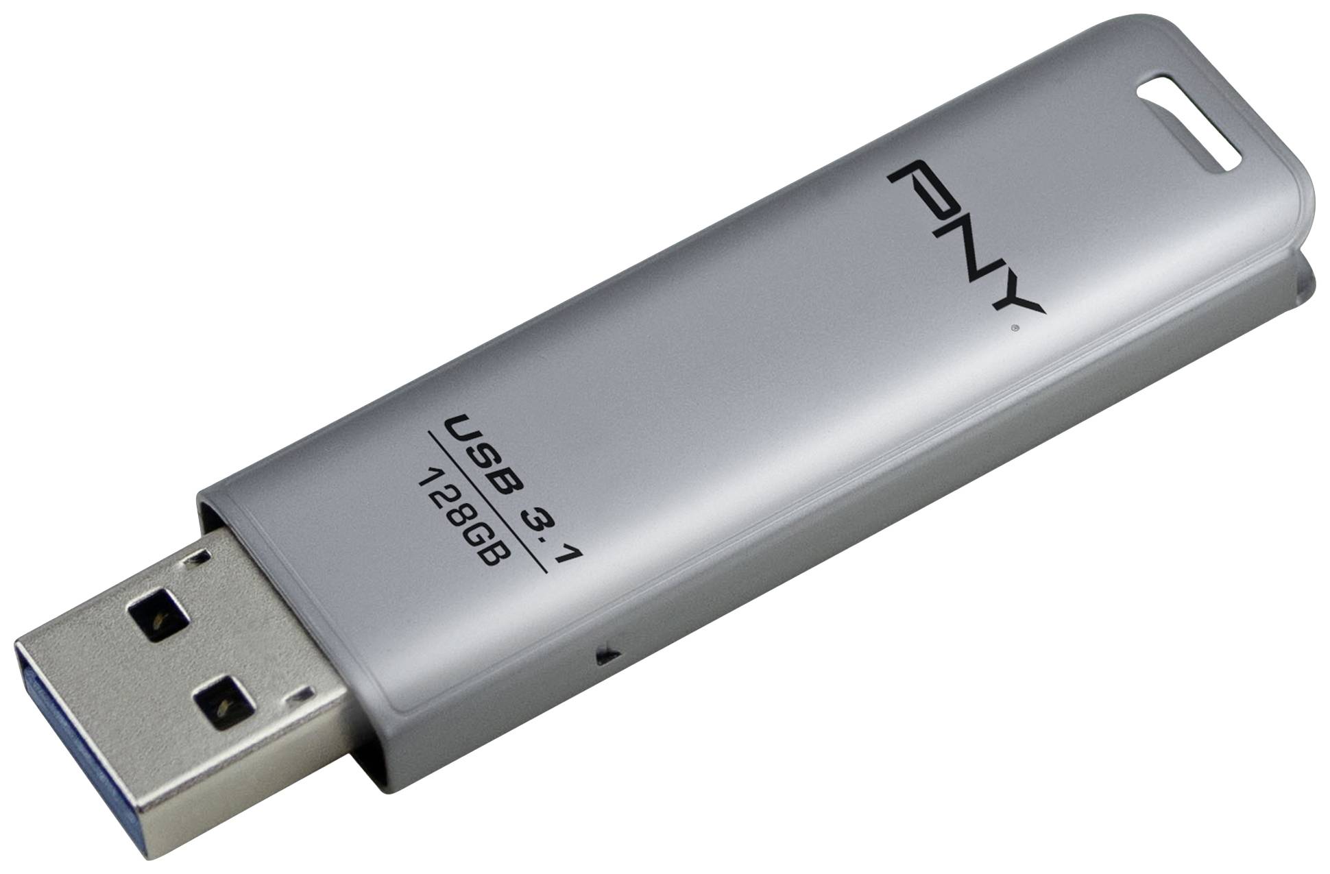 Ein silberner USB-Stick mit 'PNY', 'USB 3.1' und '128GB' aufgedruckt, zeigt die Größe und Geschwindigkeit des Speichermediums.