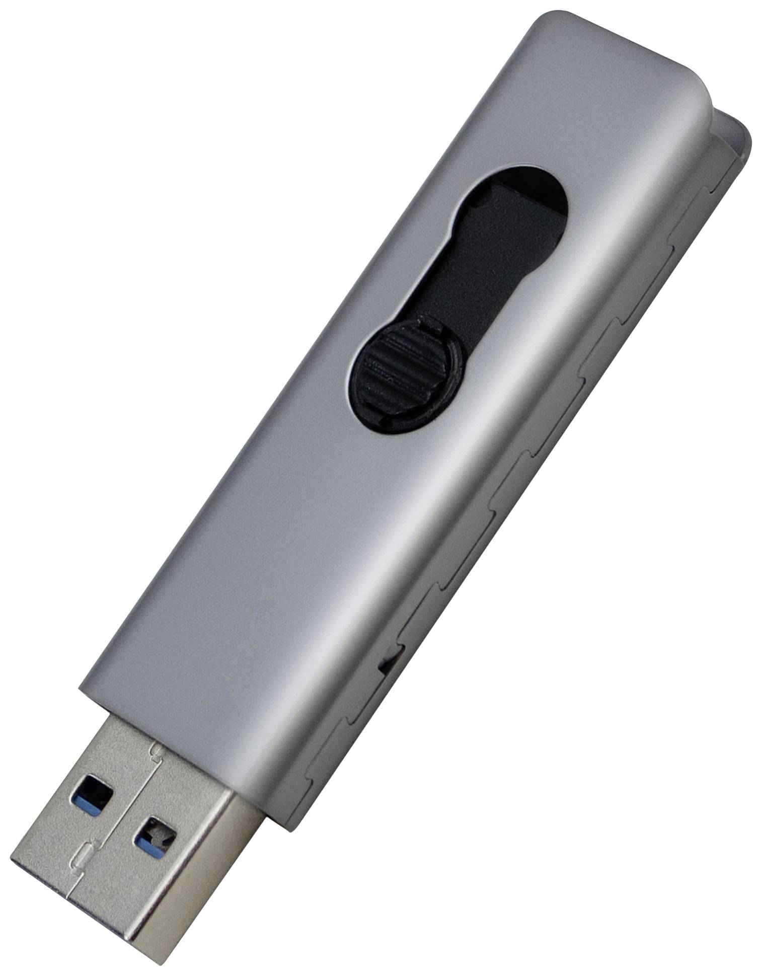 Silberner USB-Stick mit einem schwarzen Schieberegler, der die Anschlussseite ein- und ausfährt. Ideal für Datenspeicherung.
