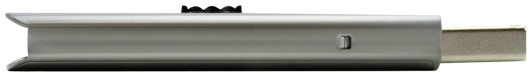 USB-Stick in Metallgehäuse mit seitlichem Druckknopf, horizontal ausgerichtet.