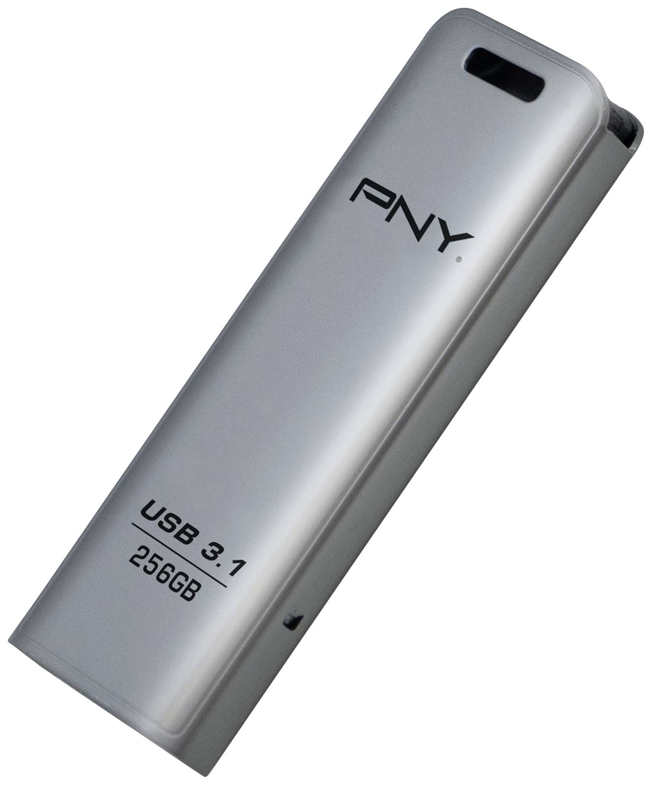 Ein silberner USB-Stick mit 256GB Speicherkapazität und USB 3.1-Technologie, der Marke PNY.