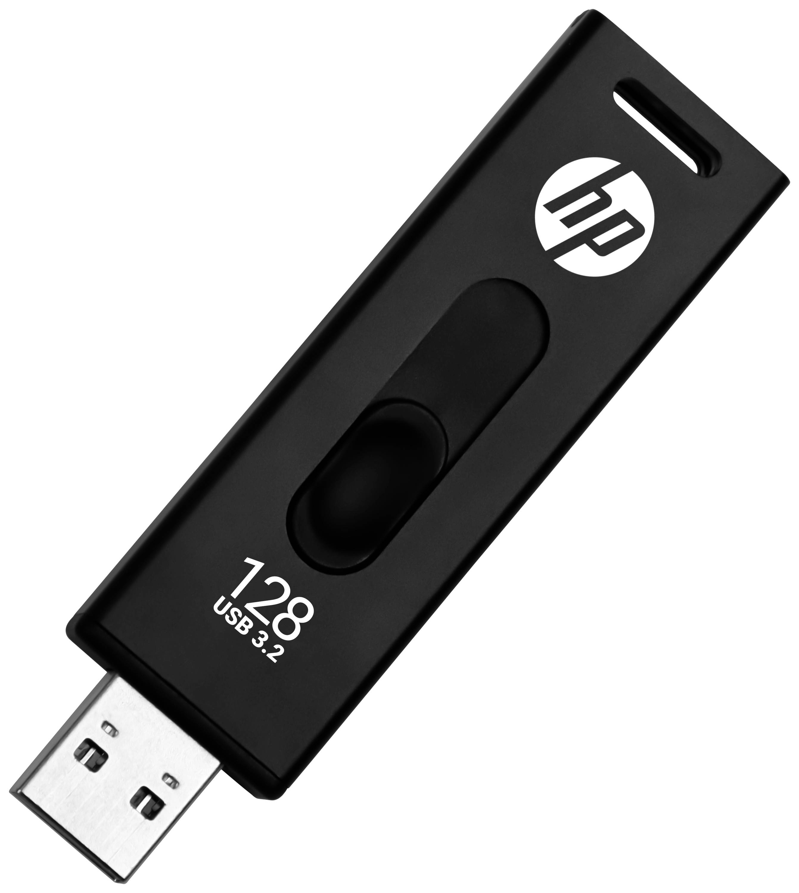 Ein schwarzer USB-Stick mit der Aufschrift '128 GB USB 3.2' und einem HP-Logo.