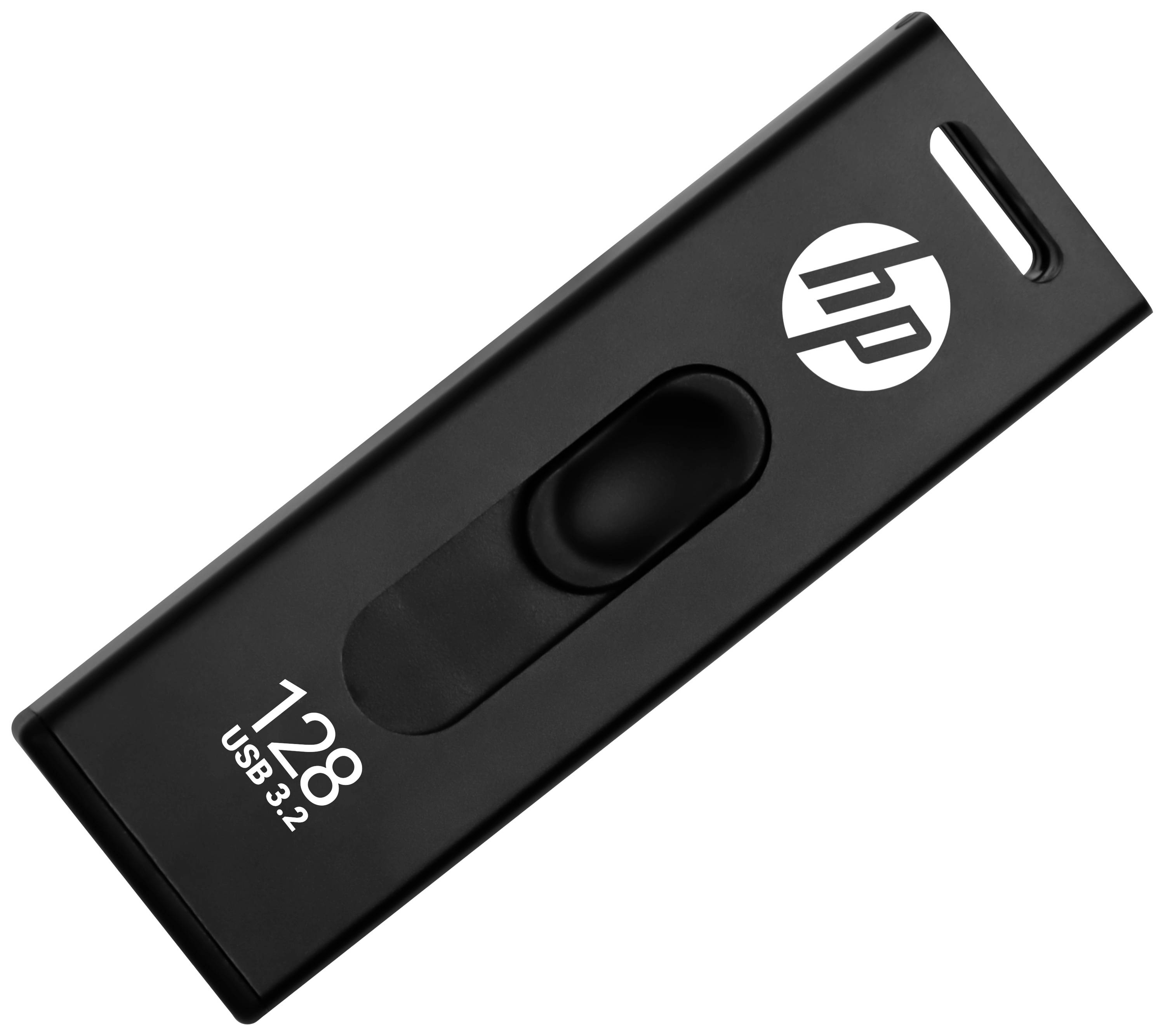 Ein schwarzer USB-Stick mit 128 GB Speicherkapazität und USB 3.2-Technologie, markiert mit einem Logo.