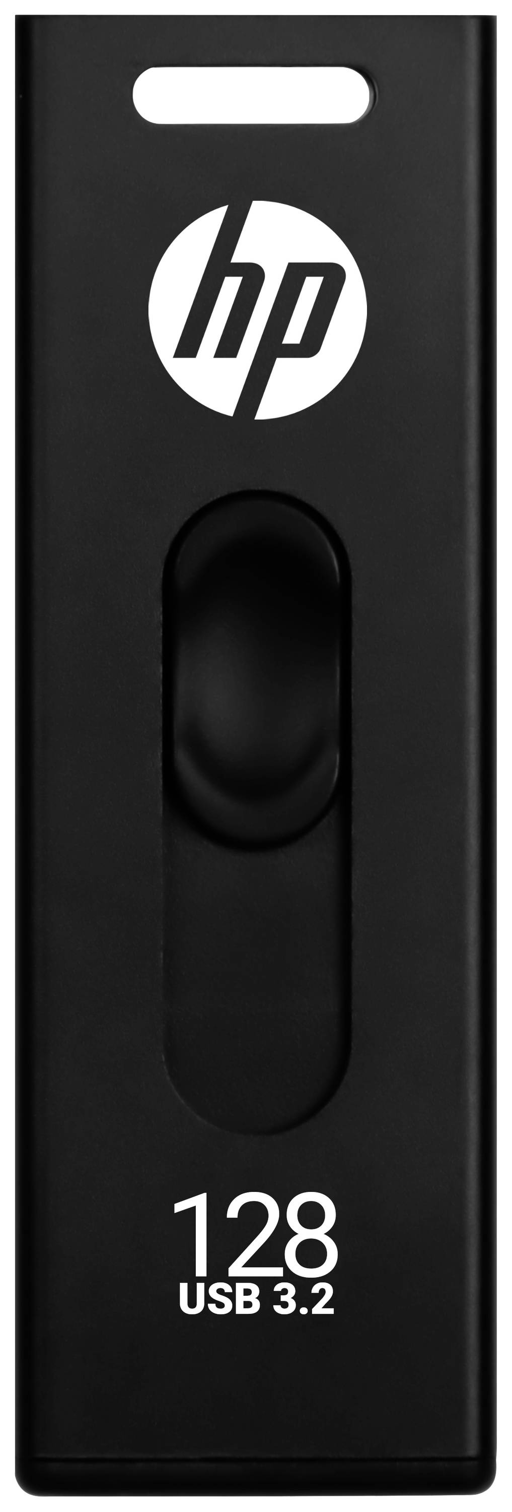 Ein schwarzer USB-Stick mit 'hp'-Logo, 128 GB Kapazität und USB 3.2-Schnittstelle.