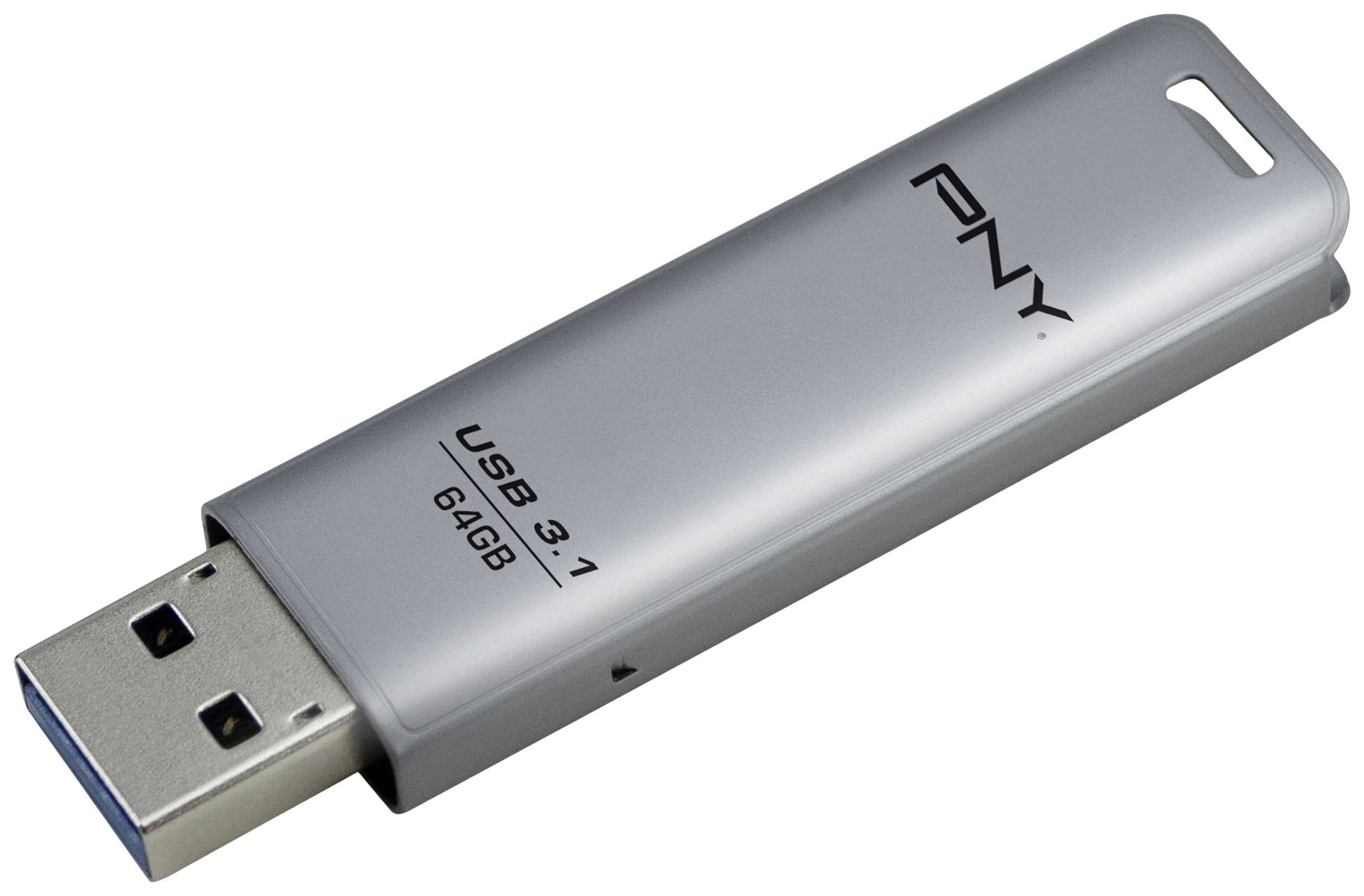 Ein silberner USB-Stick mit Aufschrift 'PNY USB 3.1 64GB'.