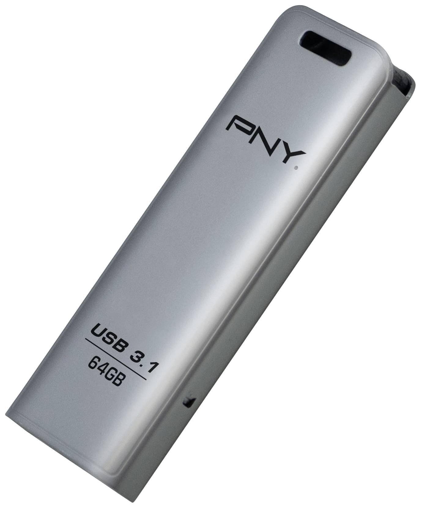 USB-Stick mit der Aufschrift 'PNY', 'USB 3.1', und '64GB'. Silvernes, schlankes Design.