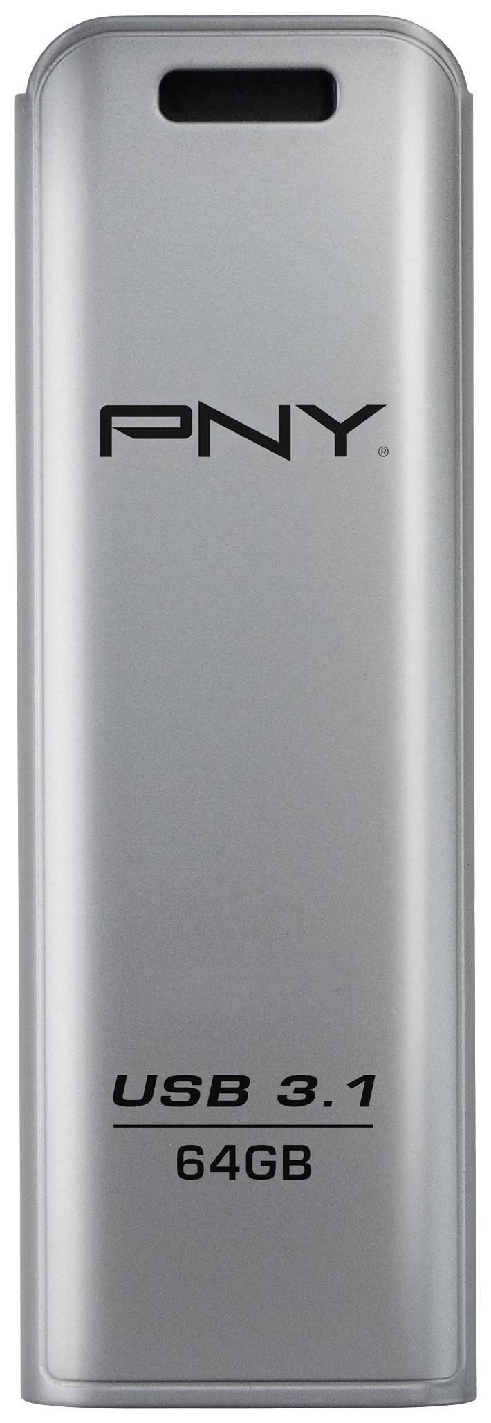 Silberner USB-Stick mit der Aufschrift 'PNY USB 3.1 64GB'.