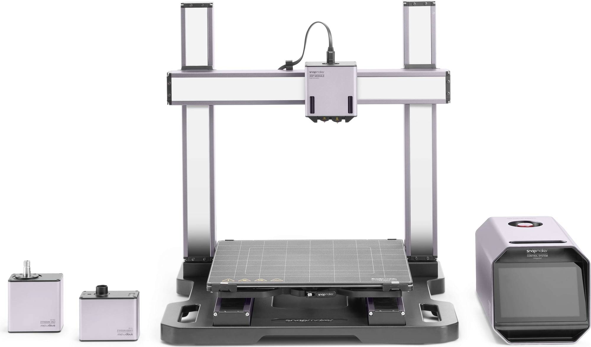 3D-Drucker mit rechteckigem Rahmen, typischer Druckplattform in der Mitte und Steuerbox rechts. Zwei Module links neben der Plattform.