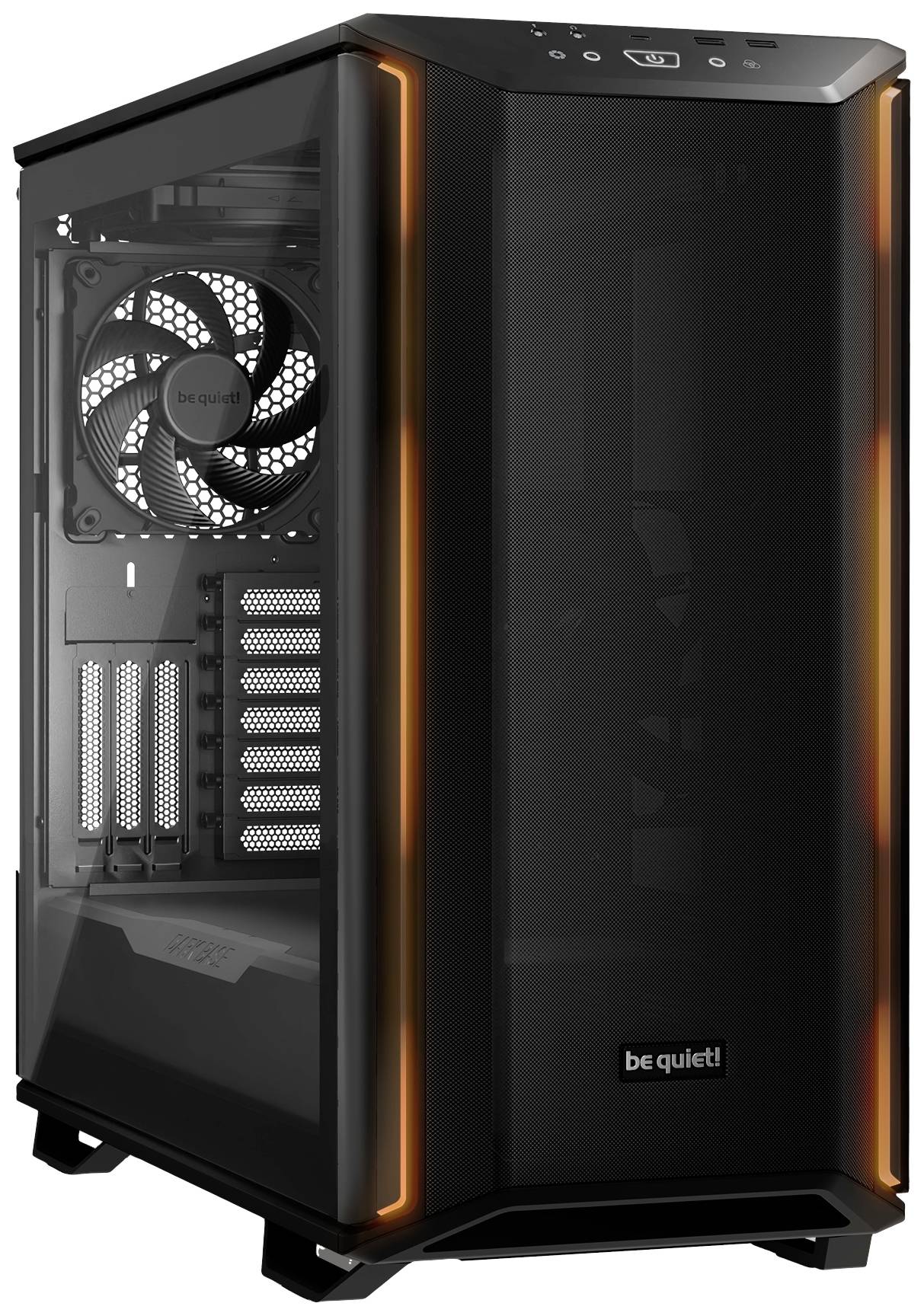 Ein schwarzes PC-Gehäuse mit orangefarbenen LED-Streifen, Seitenfenster und Lüfter. Ideal für leistungsstarke Computeraufbauten.