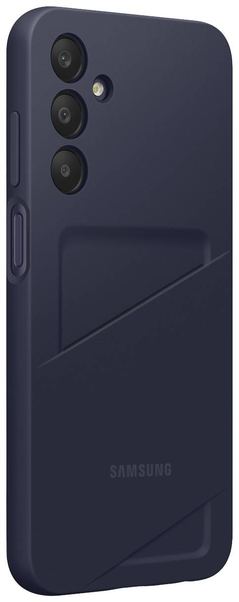 Samsung-Handyhülle in Dunkelblau, mit drei Kameralöchern und einem Blitz, sowie einem strukturierten Design auf der Rückseite.