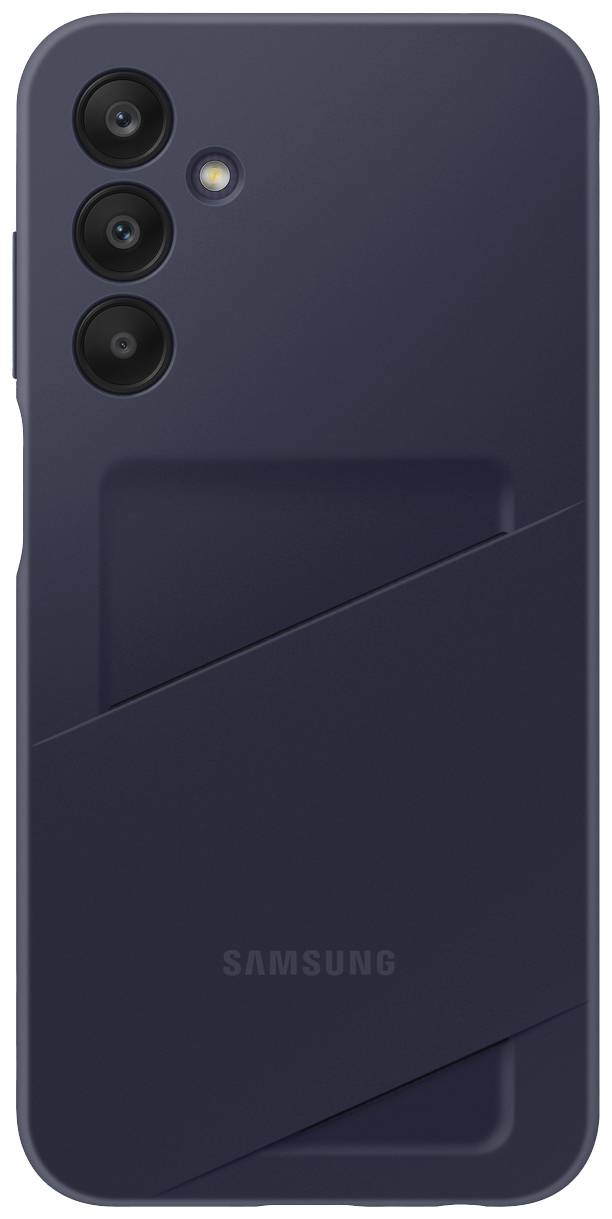 Ein schwarzes Smartphone von hinten, mit drei Kameralinsen und einem Blitz. Das Samsung-Logo ist unten auf der Rückseite sichtbar.