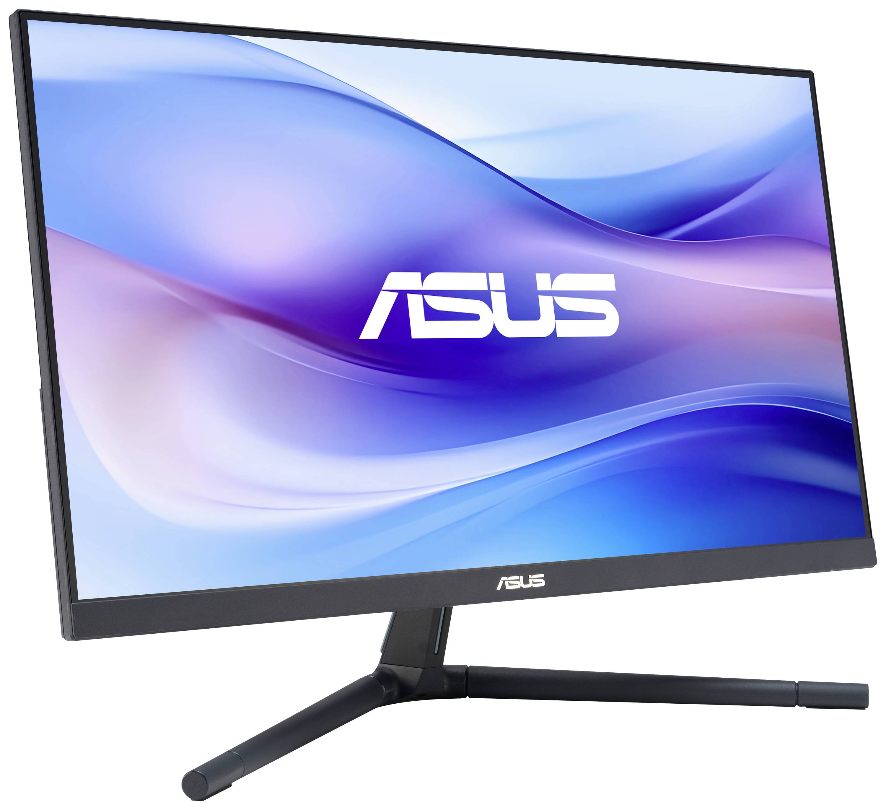 Asus-Monitor mit blauem, wellenförmigem Hintergrund auf dem Bildschirm. Der Monitor steht auf einem schwarzen Dreifach-Standfuß.