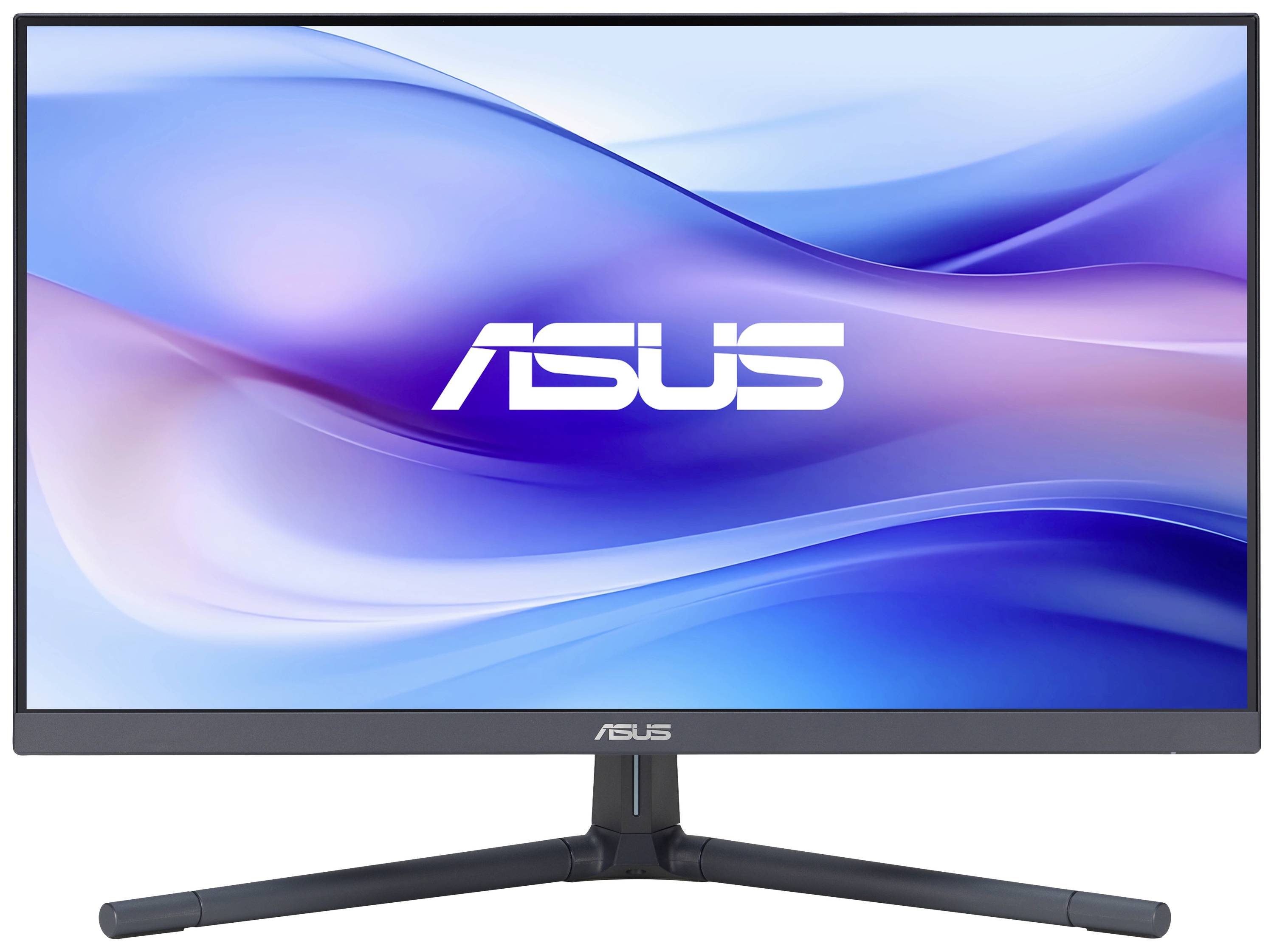 Ein ASUS Monitor mit einem schwarzen Rahmen und einem schlichten Ständer zeigt ein Hintergrundbild mit blauen und violetten Wellen.