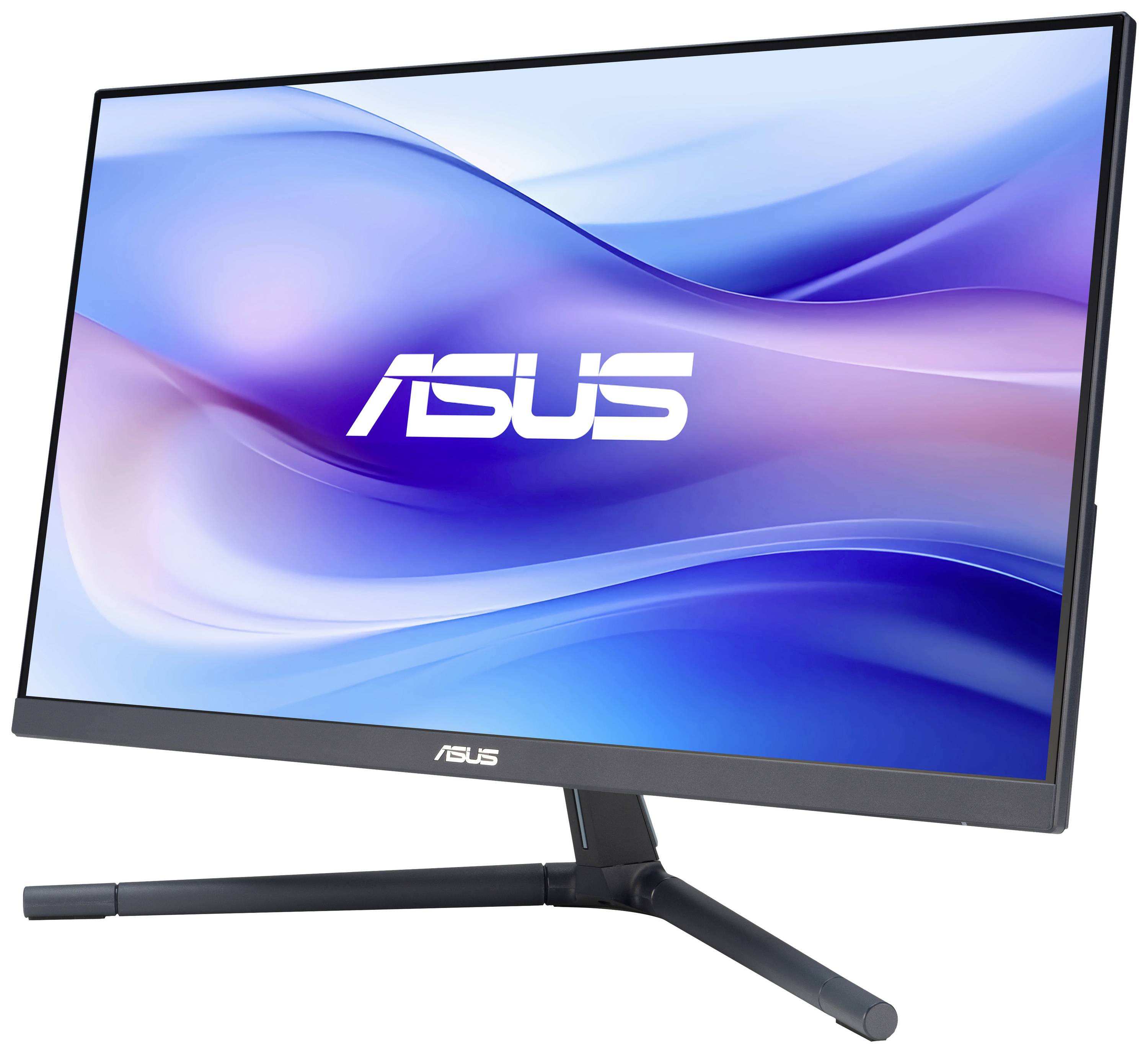 Ein ASUS-Monitor mit einem schmalen Rahmen zeigt das Markenlogo auf einem blau-violetten Hintergrund.