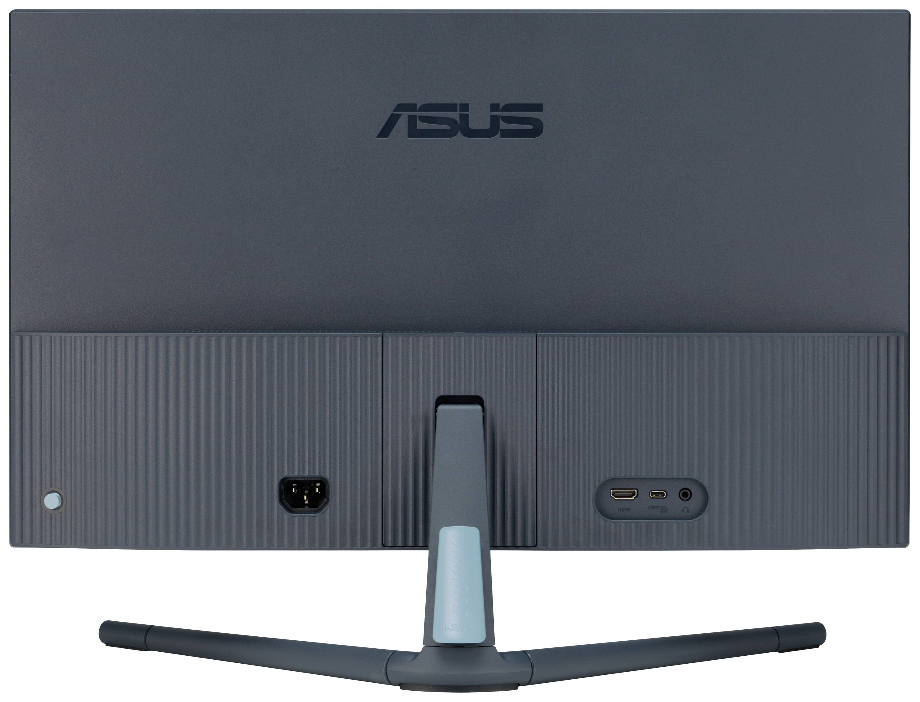 Rückseite eines ASUS-Monitors mit Stromanschluss und USB-Anschlüssen, dunkles Gehäuse und schlanker Standfuß.