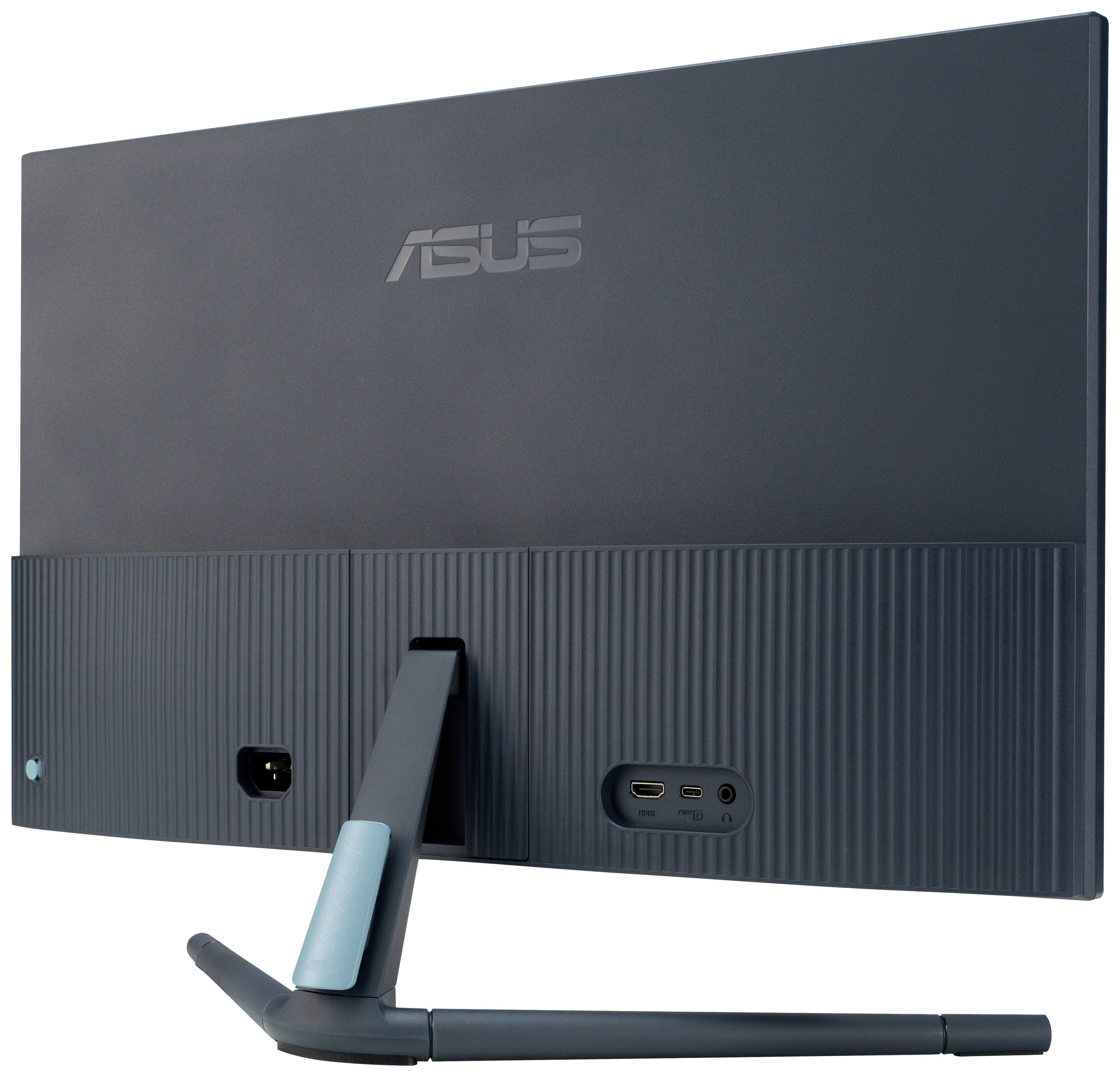 Rückansicht eines blauen Monitors mit Markenlogo, einem Standfuß und mehreren Anschlüssen unten.