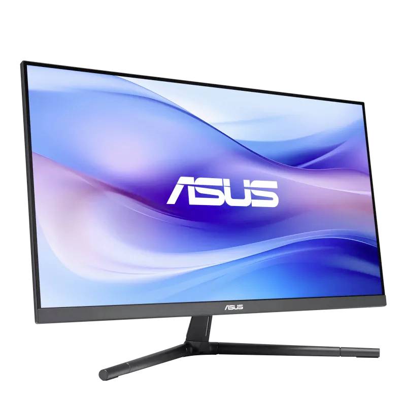 Computerbildschirm von ASUS mit schlankem Design und blau-violetter Wellen-Grafik auf dem Display.
