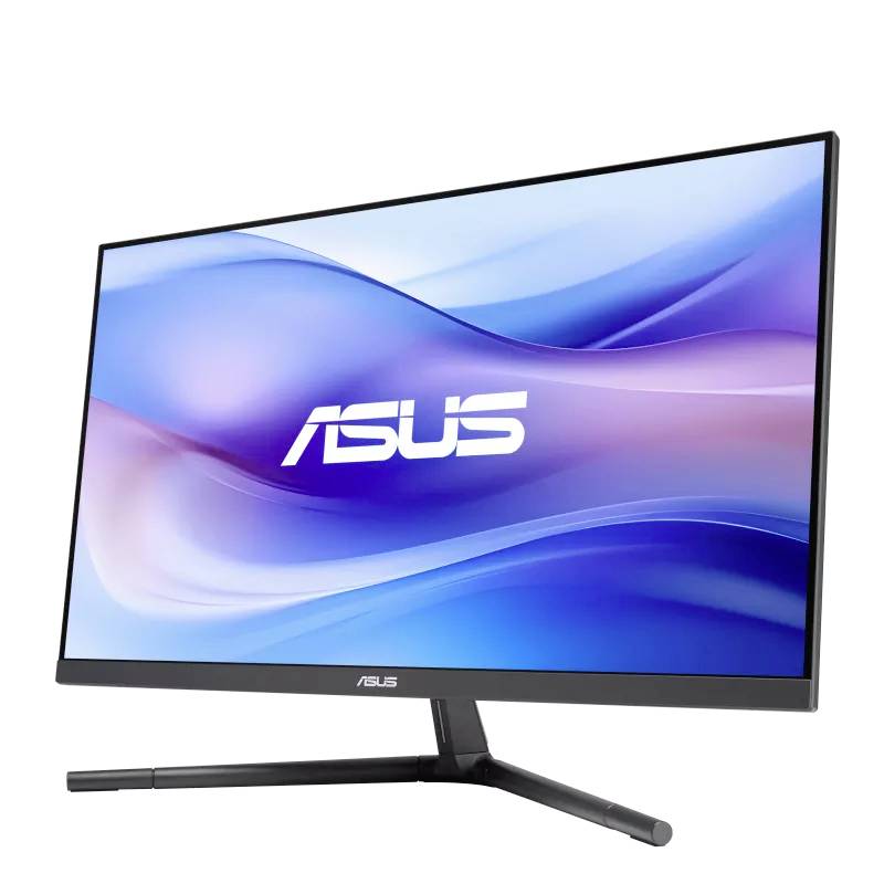 Ein ASUS Monitor mit schlankem Design und blau-violettem Hintergrund.