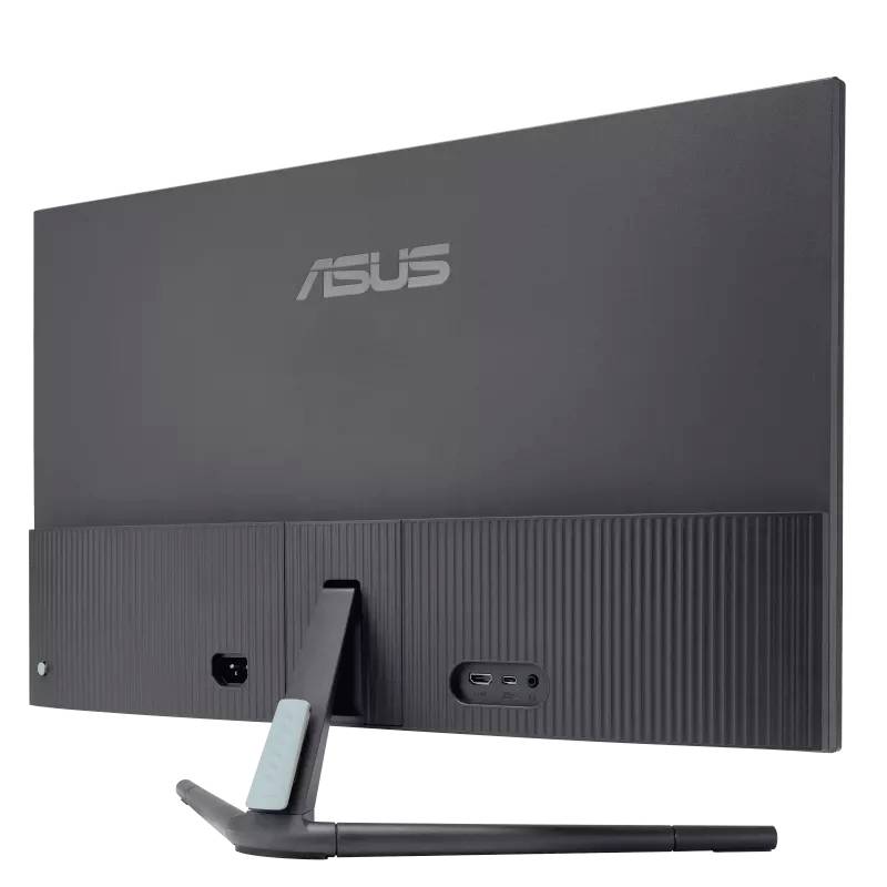 Rückansicht eines schwarzen ASUS-Monitors mit erkennbarer Wandhalterungsaufnahme und Anschlüssen.