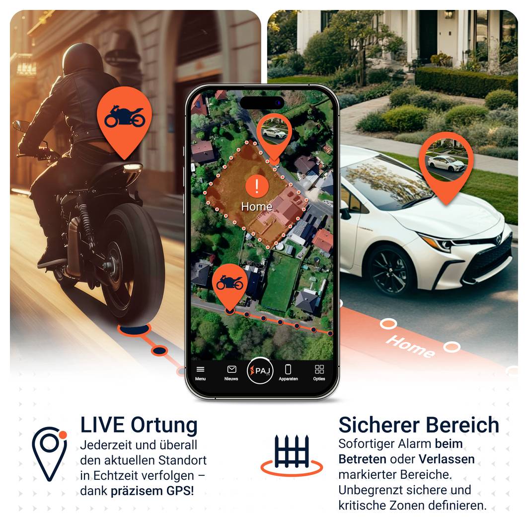 Werbebild für Live-Ortung und sicheren Bereich: Smartphone-Karte verfolgt Fahrzeugstandort per GPS, mit Alarm beim Betreten/Verlassen markierter Zonen.