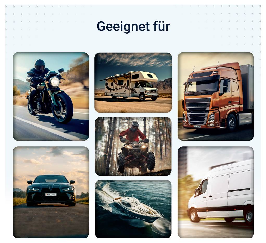 Übersicht 'Geeignet für' mit sechs Fahrzeugmotiven: Motorrad, Wohnmobil, Lkw, Auto, Quad und Lieferwagen.