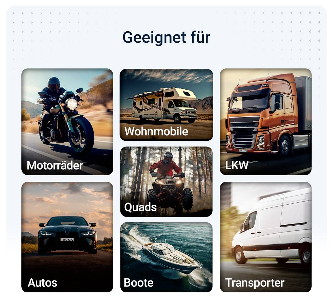 Übersicht „Geeignet für“ mit Bildkacheln für Motorräder, Wohnmobile, LKW, Autos, Quads, Boote und Transporter.