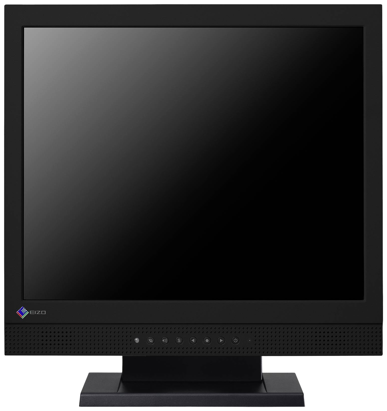Ein schwarzer Computermonitor mit einem breiten Rahmen und einem Standfuß. Der Bildschirm ist ausgeschaltet und spiegelt.