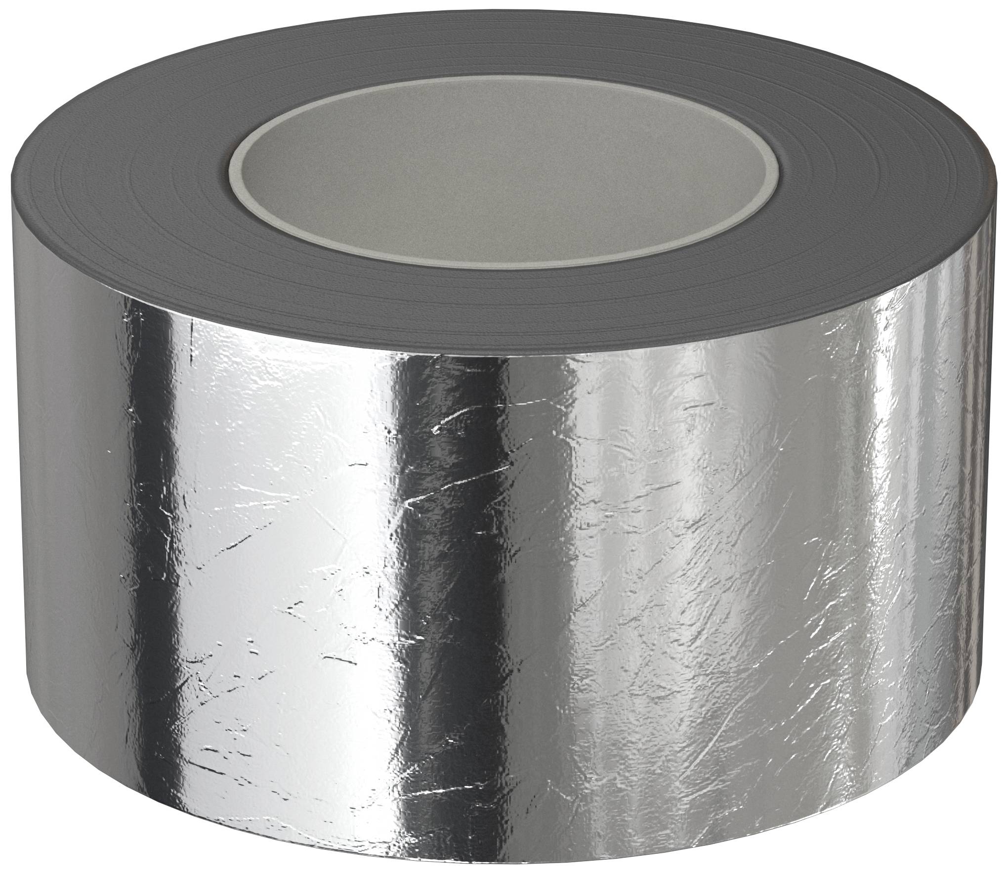 Rolle mit silbrigem Klebeband, das in Bau- und Isolierungsarbeiten verwendet wird. Reflektierende Oberfläche sichtbar.