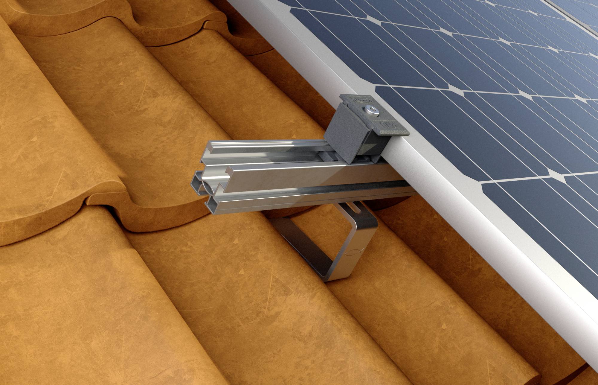 Solarmodul auf einem Ziegeldach befestigt durch eine Metallhalterung, zeigt Montagedetail für Photovoltaikanlagen auf Dächern.