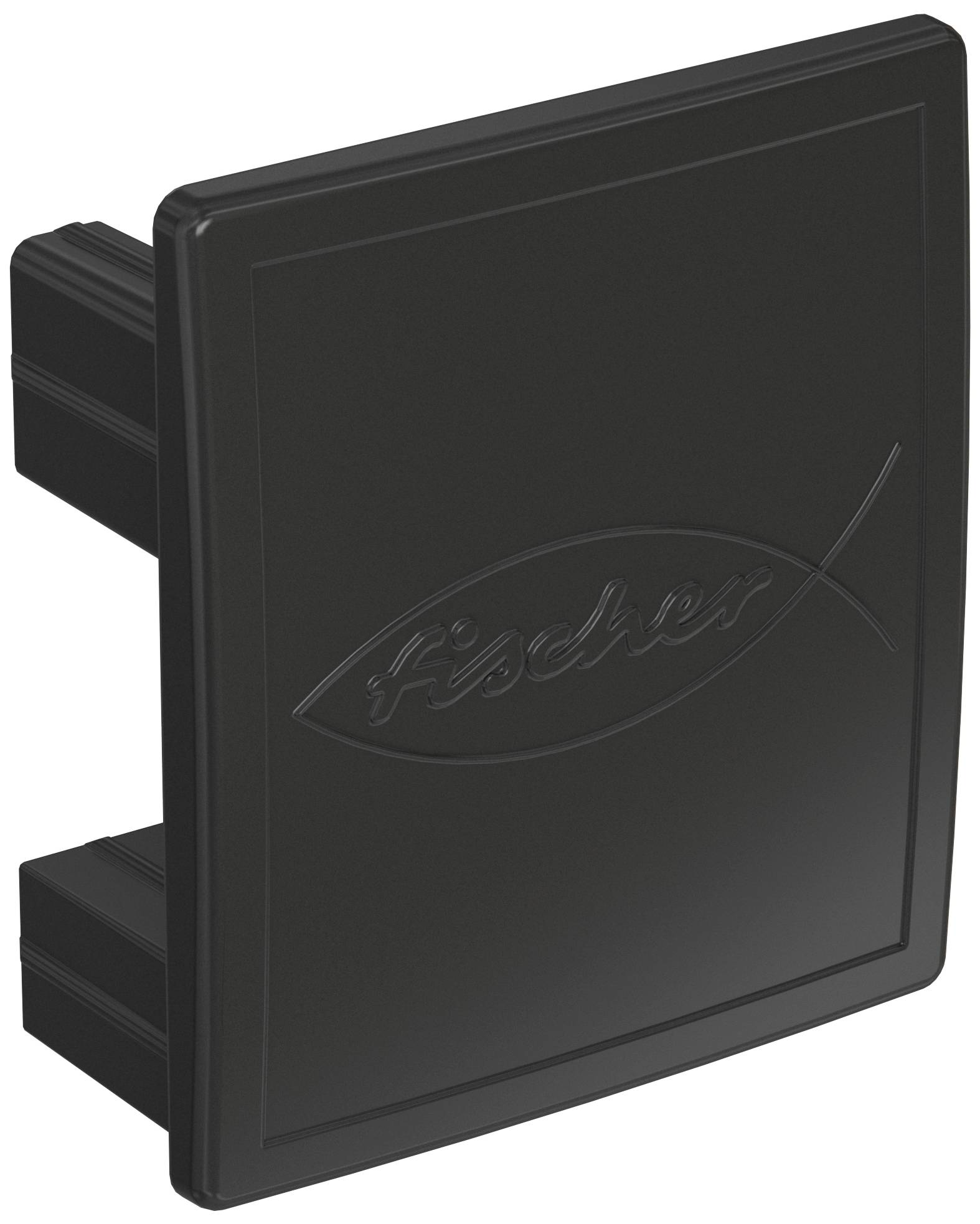 Schwarzer, quadratischer Deckel mit Fisch-Symbol und Schriftzug. Geeignet als Abdeckung oder Verschluss in einem technischen Kontext.