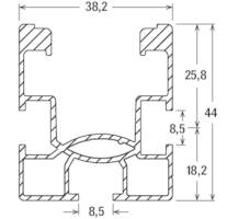 Technische Zeichnung eines Aluminiumprofils mit Maßen: Breite 38,2 mm, Gesamthöhe 44 mm. Enthält vertikale und horizontale Abschnittsmaße.