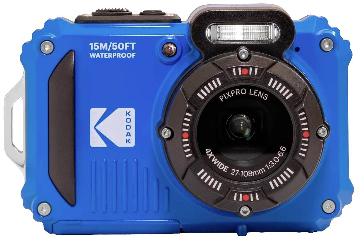 Blaue wasserdichte Kamera mit Schriftzug '15M/50FT' und 'KODAK', breites Objektiv mit technischen Spezifikationen auf der Vorderseite.