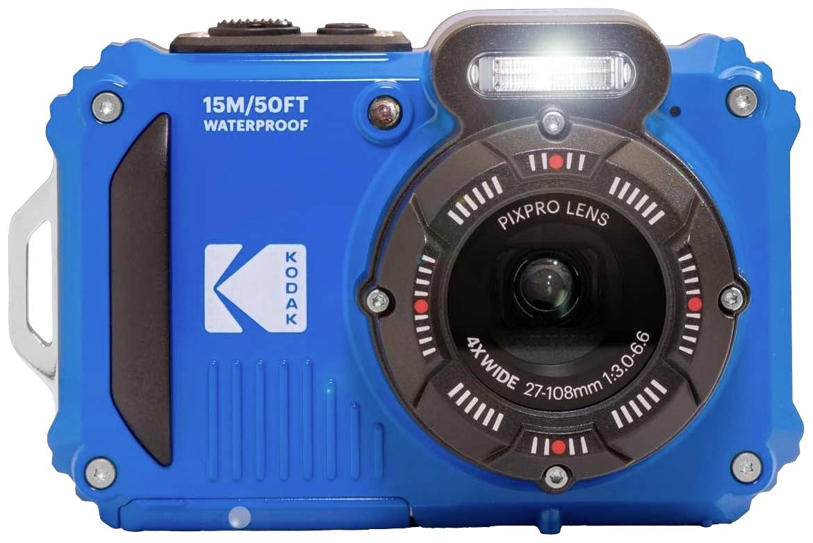 Eine blaue, wasserdichte Kodak-Kamera mit 15M/50FT Angabe. Hauptlinse mit 'PIXPRO LENS' und '4XWIDE 27-108mm' Beschriftungen.