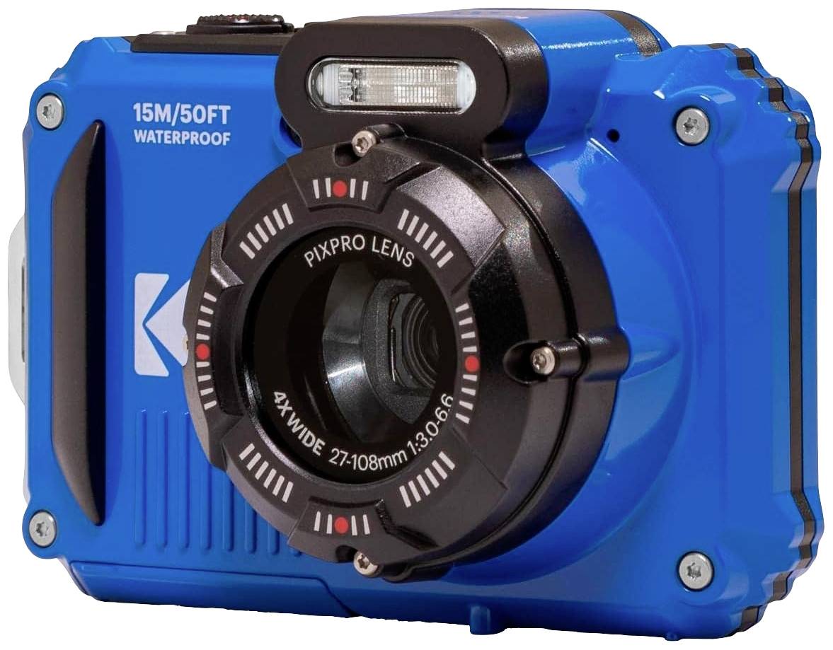 Blaue, wasserdichte Kamera mit Blitz und Objektivaufschrift 'Pixpro Lens 4X Wide 27-108mm'. Geeignet für bis zu 15m Wassertiefe.