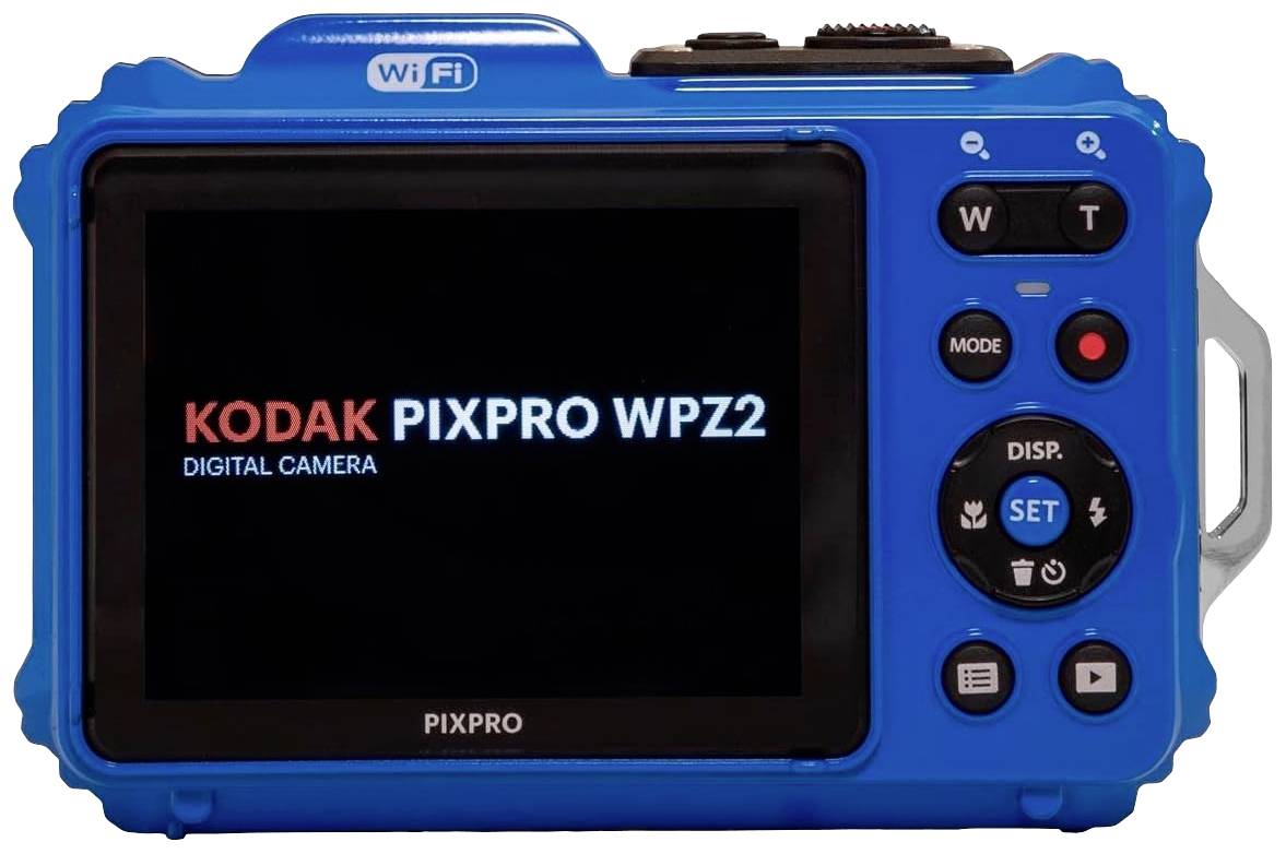 Rückseite einer blauen Digitalkamera mit eingeschaltetem Display. Text auf dem Bildschirm: 'Kodak Pixpro WPZ2 Digital Camera'. Enthält Bedientasten.