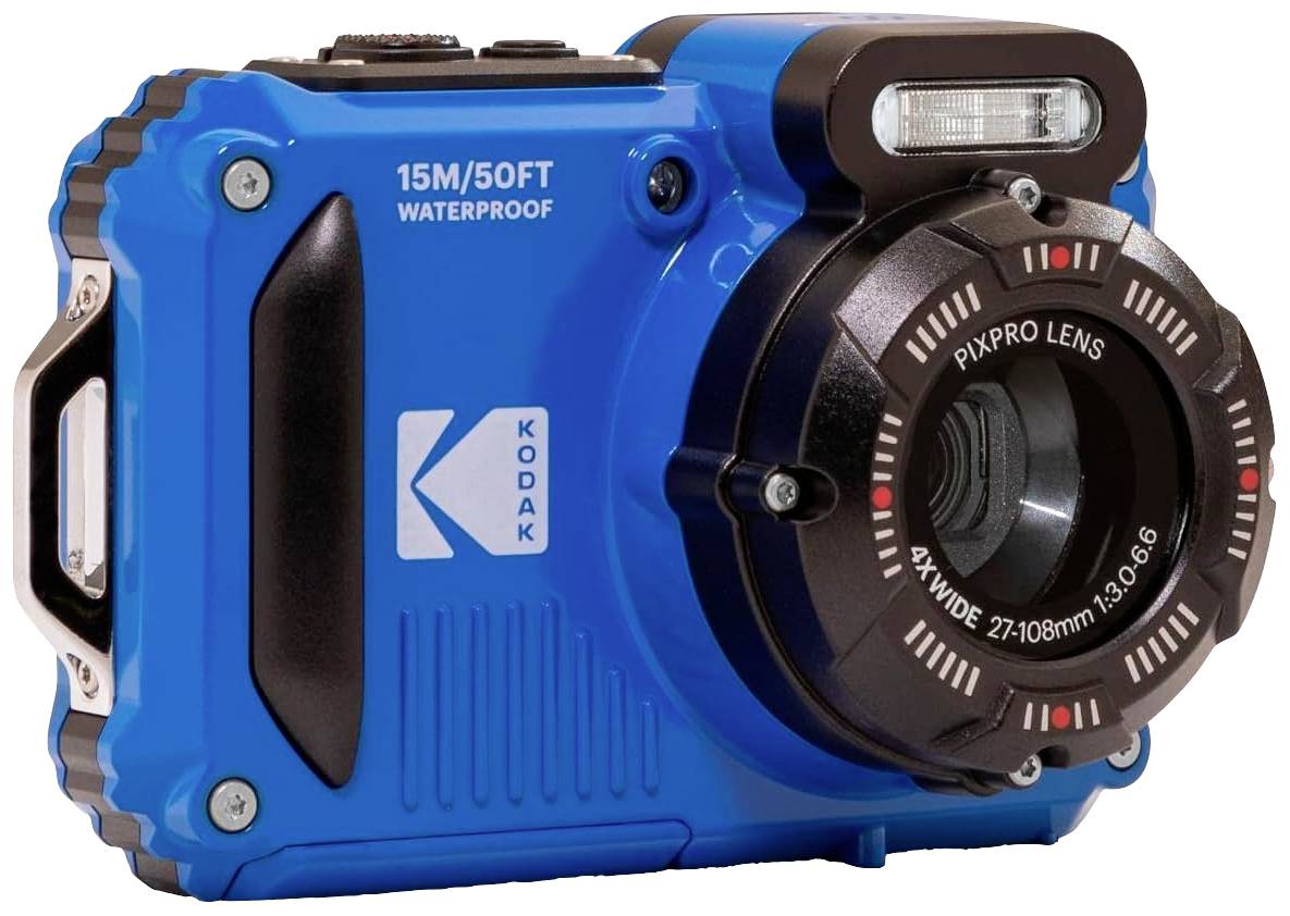 Blaue, wasserdichte Kamera mit der Aufschrift '15M/50FT Waterproof'. Sie verfügt über ein Pixpro-Objektiv und das Kodak-Logo.