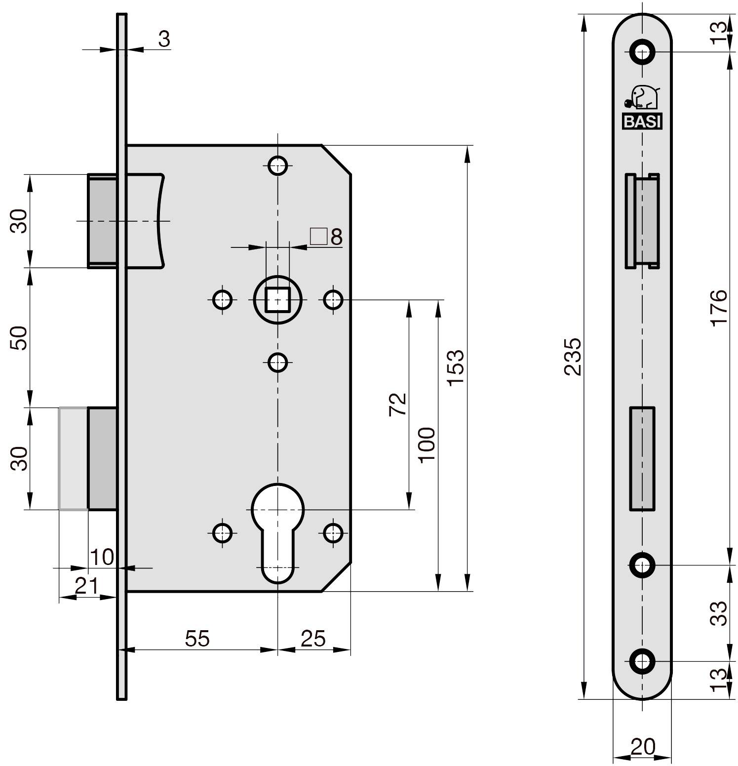 Basi 9250-5520 Einsteck-Zimmertürschloss Silber