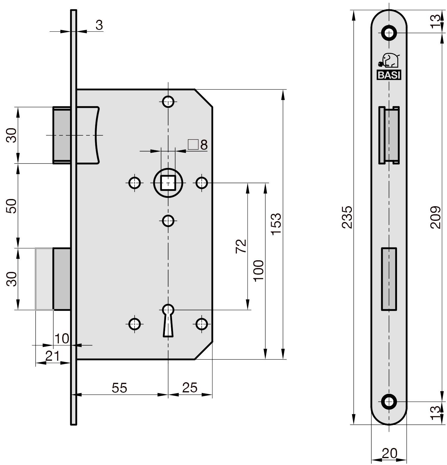 Basi 9220-5510 Einsteck-Zimmertürschloss Silber