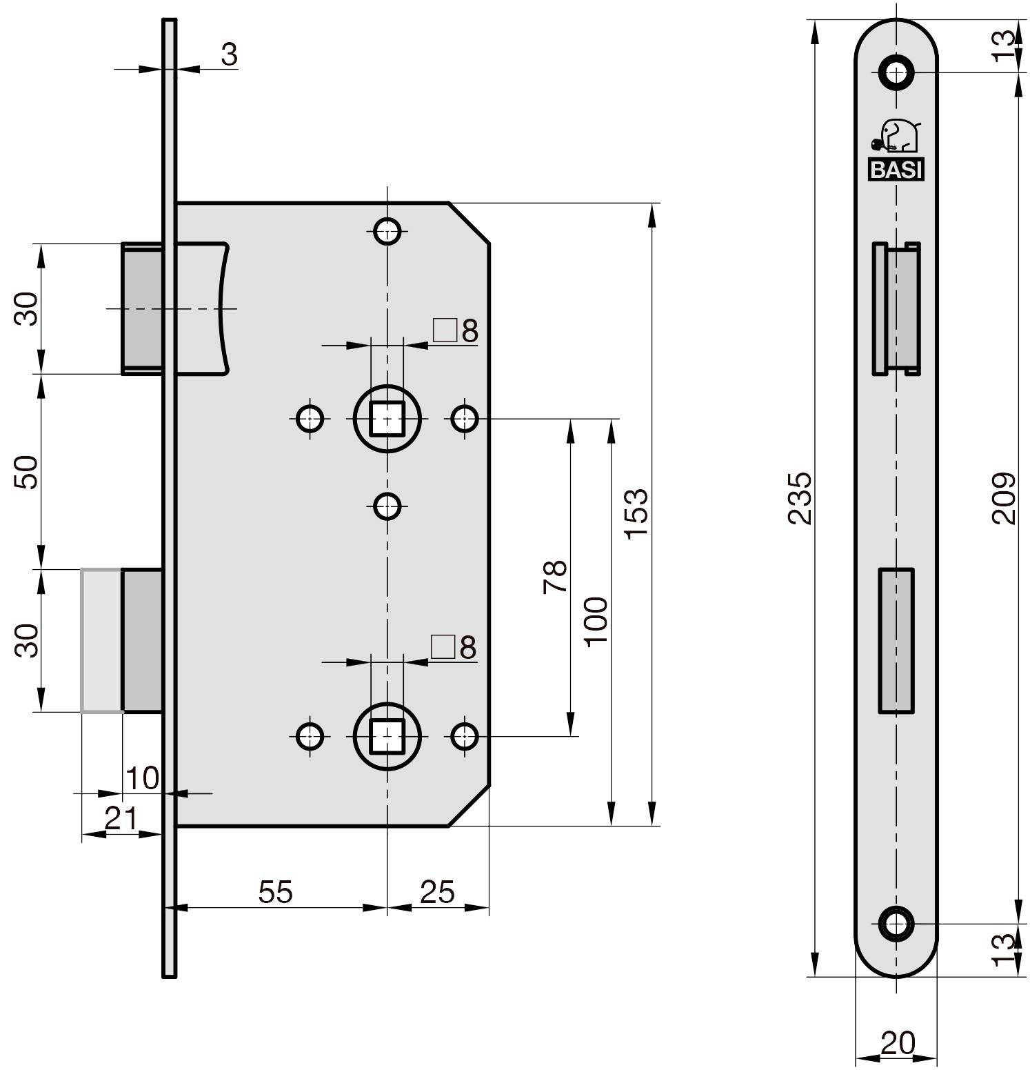 Basi 9350-5530 Einsteck-Zimmertürschloss Silber