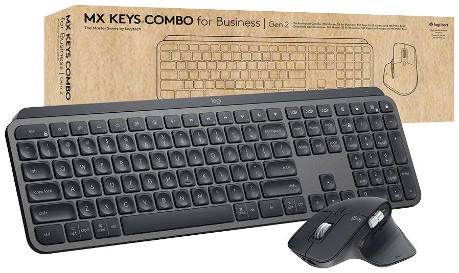 Kabellose Tastatur und Maus 'MX Keys Combo for Business Gen 2' von Logitech, vor Verpackung abgebildet.