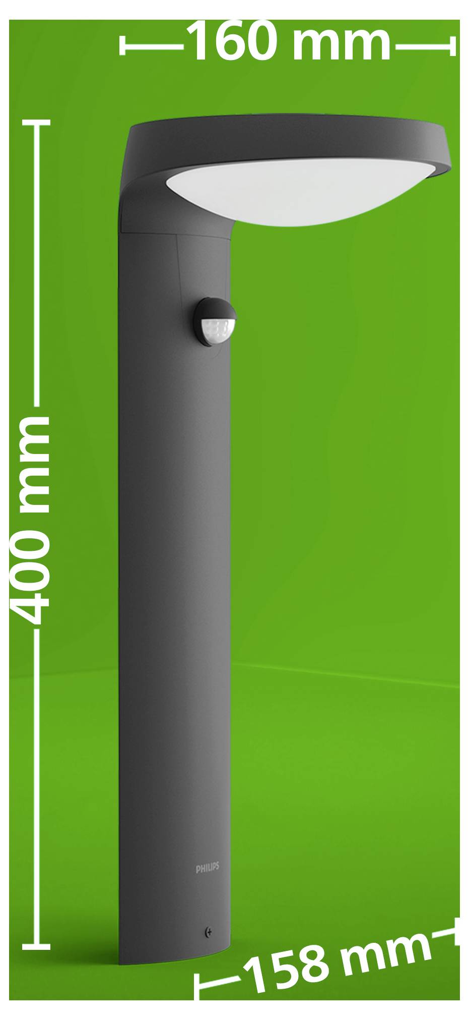Hohes schwarzes Außenleuchtenelement vor grünem Hintergrund dargestellt, mit einer Höhe von 400 mm, einer Breite von 160 mm und einer Tiefe von 158 mm.