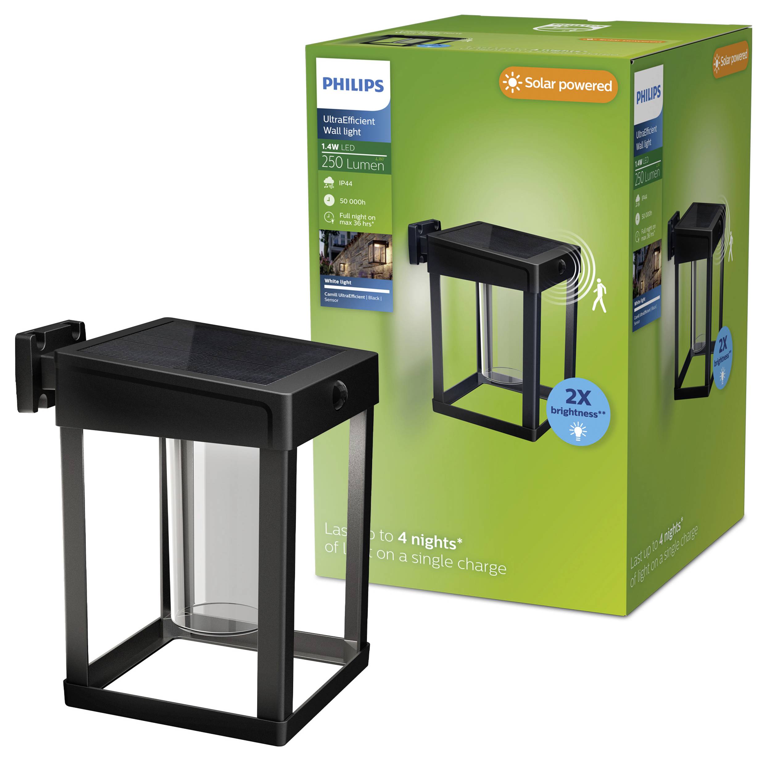 Philips solarbetriebenes schwarzes Wandlicht und Produktkarton, beschriftet mit „250 Lumen" und „2X Helligkeit", für Außenbeleuchtung.