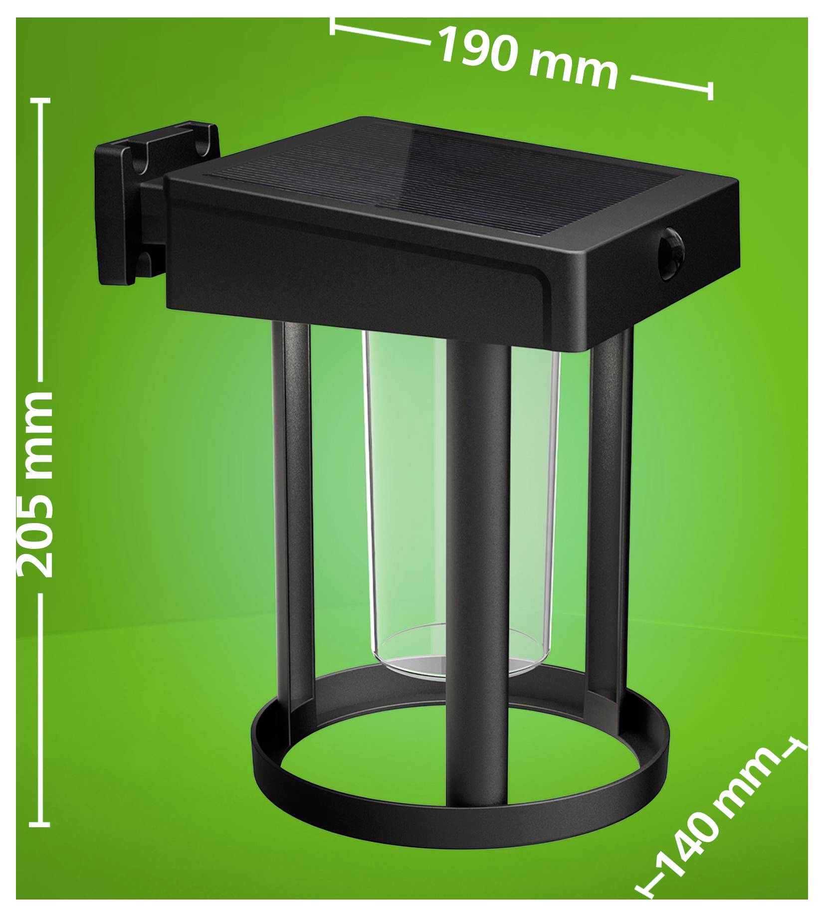Schwarze wandmontierte zylindrische Leuchte mit beschrifteten Abmessungen: 190 mm Breite, 205 mm Höhe und 140 mm Tiefe.