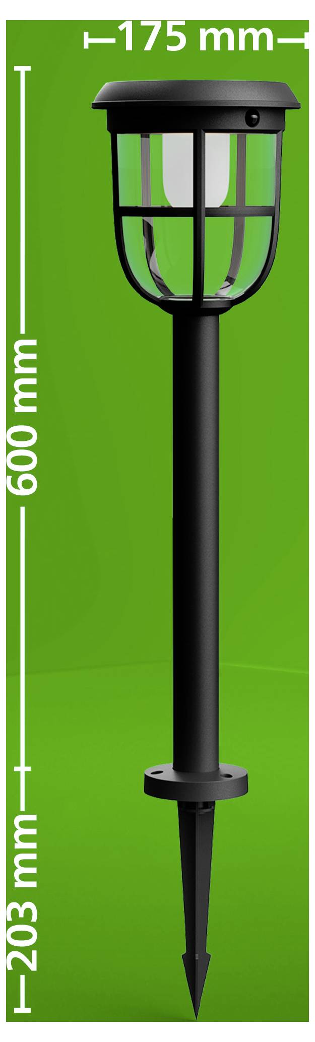 Schwarze Gartenleuchte mit Spitzenmontage auf grünem Hintergrund, gekennzeichnet mit 600 mm Höhe plus 203 mm Spitze, 175 mm breit.