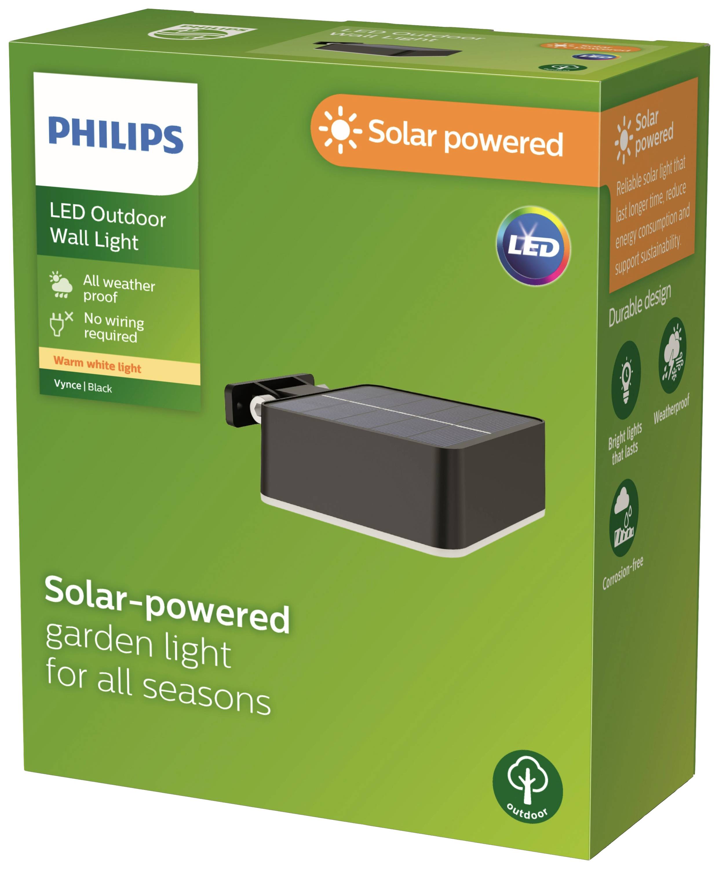 Philips LED Außenwandleuchte, solarbetrieben, wetterfest. Warmweißes Licht, kein Verkabelungsaufwand. Schwarzes Design.
