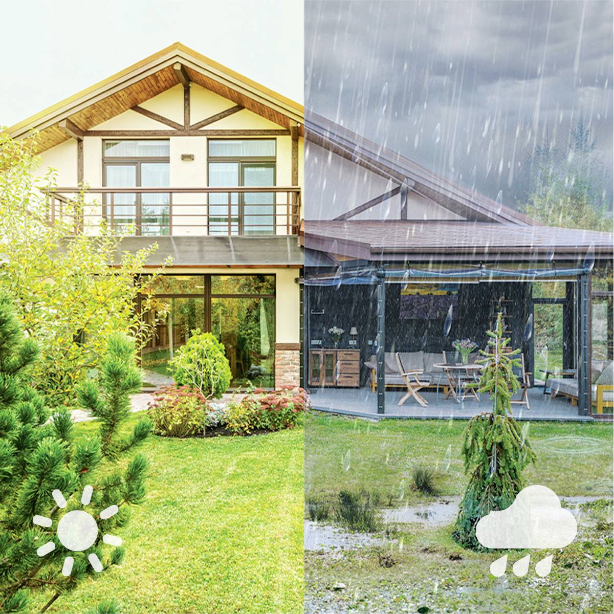 Zweistöckiges Haus: Linke Seite bei Sonnenschein, rechte Seite im Regen. Unterschiedliches Wetter zeigt Kontraste in der Umgebung.